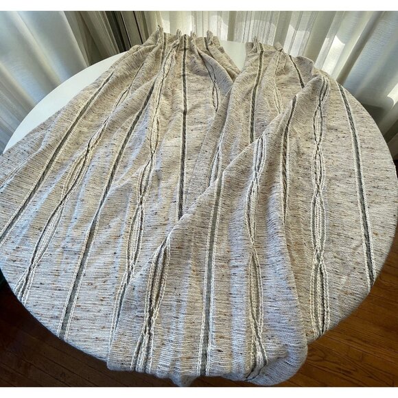 Vintage 1970s pleated curtains, beige & blue striped, pair of woven panels - Picture 1 of 9